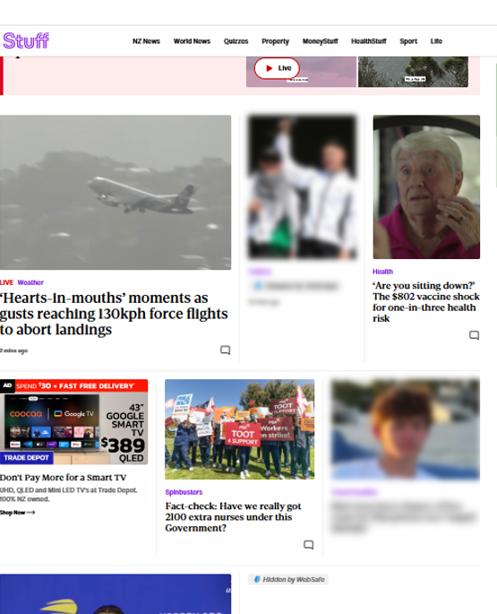 The same homepage with WebSafe blurring a sensitive photo and hiding a headline