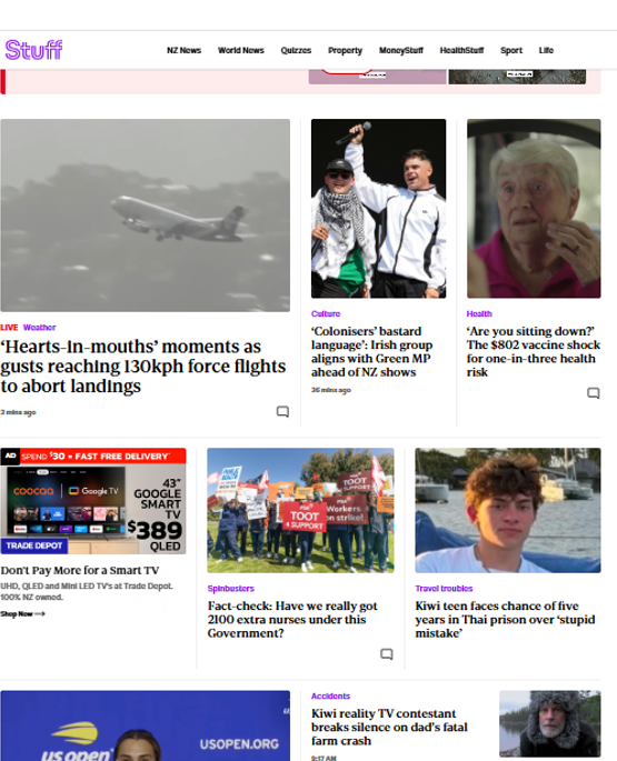 A news homepage with no filtering applied