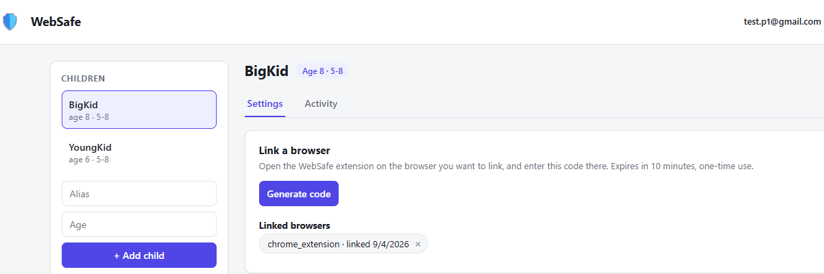 The WebSafe dashboard showing two child profiles in the sidebar, an alias and age form to add another, and a Generate code button for linking a browser