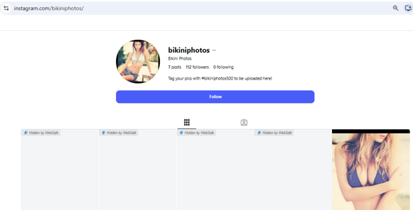 An Instagram account grid with four photos hidden behind 'Hidden by WebSafe' labels and one bikini photo still visible, uncaught