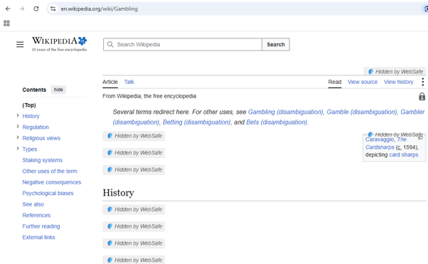 Wikipedia's Gambling article with several paragraphs and an inline image hidden behind 'Hidden by WebSafe' labels